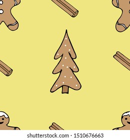 Seamless pattern, christmas cookies and cinnamon stick. Hand-drawn, holiday concept vector illustration. Suitable for paper, packaging, cover, background, design.
