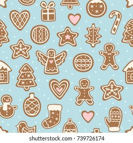 Seamless pattern with christmas cookies. Cute gingerbread man, angel, cone, bell, star, heart, etc. Repeating background on blue. Vector