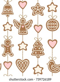 Seamless pattern with christmas cookies. Cute gingerbread man, angel, cone, bell, star, heart, etc. Repeating background on white. Vector