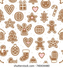 Seamless pattern with christmas cookies. Cute gingerbread man, angel, cone, bell, star, heart, etc. Repeating background on white.