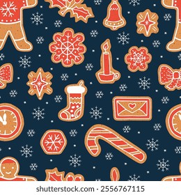 Seamless pattern with Christmas cookies in the doodle style.