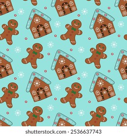 Seamless pattern of Christmas cookies in the form of a gingerbread house, ginger man isolated on a white background. Web design, printing, packaging, wallpaper.