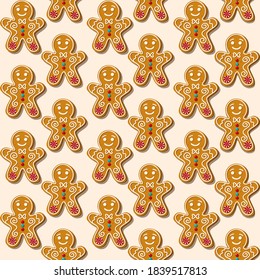 Seamless Pattern christmas cookies gingerbread man on white background. Vector illustration