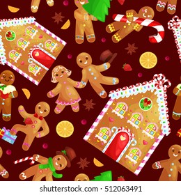 seamless pattern christmas cookies gingerbread man and girl house decorated with icing,  dancing and having fun with tree and gifts, xmas food