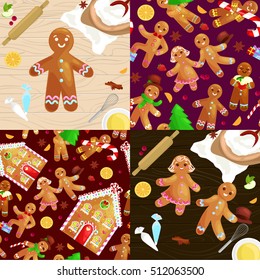 seamless pattern christmas cookies gingerbread man and girl house decorated with icing,  dancing and having fun with tree and gifts, xmas food