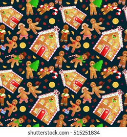 seamless pattern christmas cookies gingerbread man and girl near sweet house decorated with icing dancing and having fun in a cap with the tree and gifts, xmas food vector illustration