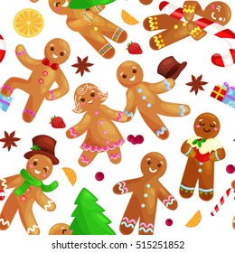Seamless pattern christmas cookies gingerbread man and girl decorated with icing dancing and having fun in a cap with the  tree and gifts, xmas sweet food vector illustration