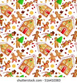 seamless pattern christmas cookies gingerbread man and girl near sweet house decorated with icing dancing and having fun in a cap with the tree and gifts, xmas food vector illustration