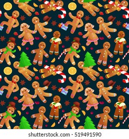 Seamless pattern christmas cookies gingerbread man and girl decorated with icing dancing and having fun in a cap with the tree and gifts, xmas sweet food vector illustration