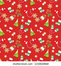 Seamless pattern of Christmas cookies, glove and sock.