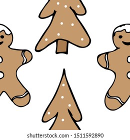  Seamless pattern, christmas cookies. Hand-drawn, holiday concept vector illustration. Suitable for paper, packaging, cover, background, design.