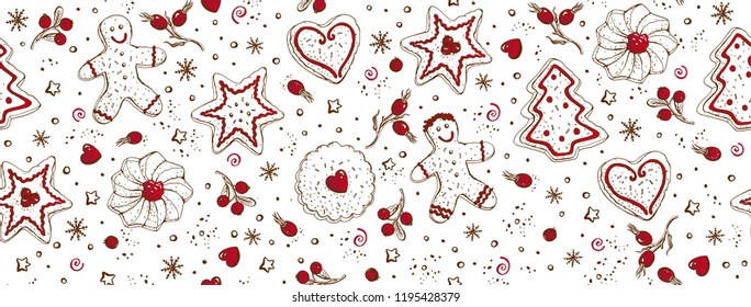 Seamless pattern of a Christmas cookies with red decorative background elements 