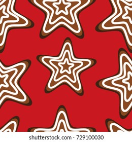 seamless pattern of Christmas cookies in the shape of stars on a red background, vector illustration