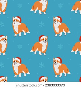 Seamless pattern with Christmas Corgi in hand drawn style. Background for wrapping paper, greeting cards and seasonal designs. 