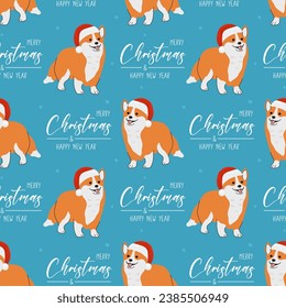 Seamless pattern with Christmas Corgi in hand drawn style. Greeting text Merry Christmas and Happy New Year. Background for wrapping paper, greeting cards and seasonal designs. 