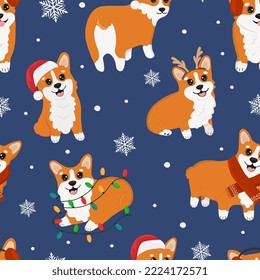 Patrón sin foco con corgis de Navidad y copos de nieve. Antecedentes para papel de envoltura, tarjetas de felicitación y diseños estacionales. Feliz Navidad y Feliz Año Nuevo.