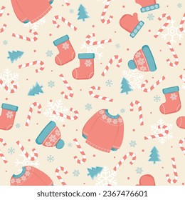 Seamless pattern with Christmas cosy cute clothes and decorations