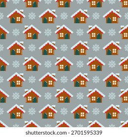 Patrón sin fisuras con cabañas de Navidades y copos de nieve. Fondo de Vector acogedor.
