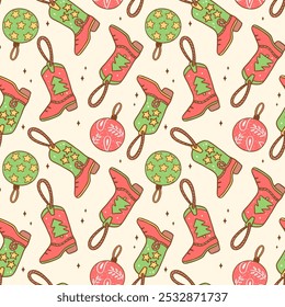 Seamless pattern Christmas Cowboy boots Festive Western xmas wallpaper isolated on background