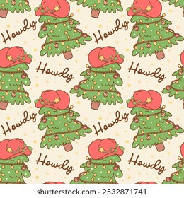 Seamless pattern Christmas Cowboy Pine Tree Festive Western wallpaper isolated on background