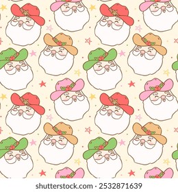 Seamless pattern Christmas Cowboy Santa Claus faces Festive Western wallpaper isolated on background