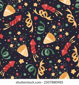 Seamless pattern with Christmas crackers, confetti and decorations. Vector festive texture in flat style. Suitable for wallpaper, wrapping paper, fabric, etc