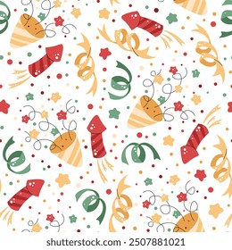 Seamless pattern with Christmas crackers, confetti and decorations. Vector festive texture in flat style. Suitable for wallpaper, wrapping paper, fabric, etc