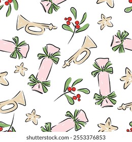 Seamless pattern with Christmas crackers, holly branches, trumpets, and stars on a white background. Hand-drawn festive illustration for wrapping paper, textiles, and holiday designs.