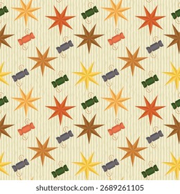 Padrão perfeito com biscoitos de Natal e estrelas de papel - ilustração vetorial desenhada à mão.