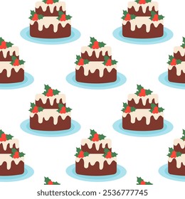 Seamless Pattern. Christmas cupcake with mistletoe. Winter food background. Vector Flat Illustration.