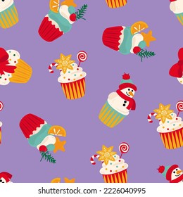 Nahtloses Muster mit Weihnachtskuchen. Design für Gewebe, Textilien, Tapeten, Verpackung, Packpapier.