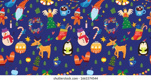 Seamless pattern for Christmas with cute animals and Christmas elements. Beautiful pattern for a luxurious gift wrapping paper, t-shirts, greeting cards