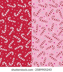 Seamless Pattern of Christmas Cute Candy Cane with Red and Pink Background. good for Gift Wrapping paper, Paper Print and Scarpbooking. Christmas Vector Illustration
