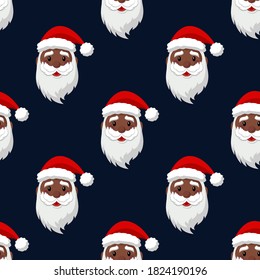 Seamless pattern for Christmas. Cute cartoon Black Santa Claus. Vector Illustration on dark blue background