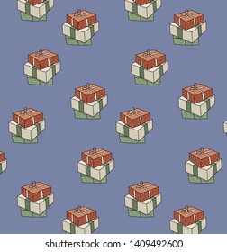 
Seamless pattern with Christmas pattern with cute gifts on blue background. Vector illustration.