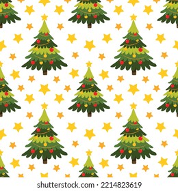 Nahtlose Muster für Weihnachten mit süßem Urlaubshaus und Sternen auf weißem Hintergrund. Winterferien-Textur für Verpackungspapier, Geschenke, Karten, Banner. Vektordesign