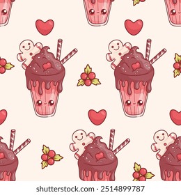 Seamless  pattern with Christmas cute kawaii cartoon character glass milk shake with chocolate dessert, gingerbread man and striped candies on beige background with holly. Vector illustration