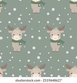 Nahtloses Muster für Weihnachten. Nettes Kawaii-Reh mit Schal. Kindermuster.
