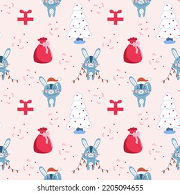 Seamless pattern with Christmas cute rabbits set. Winter hare symbol of 2023 year. New year mascot. Cute vetor flat animal character. Happy Chinese New Year.