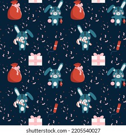 Seamless pattern with Christmas cute rabbits set. Winter hare symbol of 2023 year. New year mascot. Cute vetor flat animal character. Happy Chinese New Year.