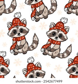 Seamless pattern Christmas cute raccoons wearing festive hats and scarves against a snowy background, perfect for holiday designs