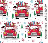 Seamless Pattern of Christmas Cute Santa Claus and Snowman on the Red Truck with Christmas Text and Gifts- Christmas Santa and Snowman Vector Illustration