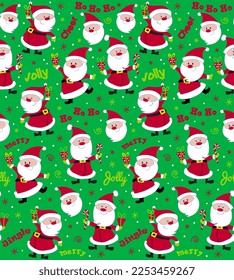 Seamless Pattern of Christmas Cute Santa Claus with  Hohoho and Jolly wordings- Christmas Vector Illustration