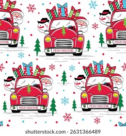 Seamless Pattern of Christmas Cute Santa Claus and Snowman on the Red Truck with Christmas Text and Gifts- Christmas Santa and Snowman Vector Illustration