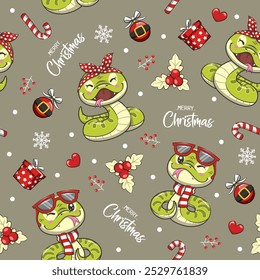 Natal sem emenda padrão com cobra bonito no fundo verde, ilustração de desenhos animados