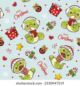 Seamless Pattern Christmas With Cute Snake On Blue Background
