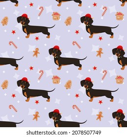 Seamless pattern with Christmas dachshunds. Cartoon design.
