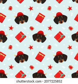 Seamless pattern with Christmas dachshunds. Cute dogs. Cartoon design.
