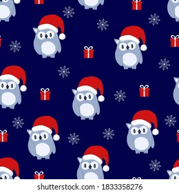Seamless pattern Christmas dark night Owl snowflakes Santa hat box gift. Vector illustration.