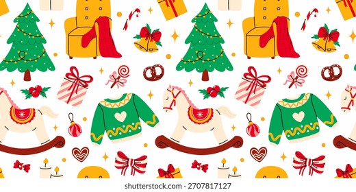 Un patrón sin fisuras con decoración de Navidades. Campanas, un árbol de Navidad, regalos, una silla con una manta, velas, juguetes y dulces.
